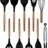 01 Silicone Cooking Utensils Set 10 Pcs - BPA Free Kitchen Utensil Set with Heat-Resistant Wood Handles, Non-Scratch Spatula Set Safe for Nonstick Cookware (Black)