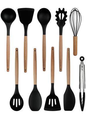 Silicone Cooking Utensils Set 10 Pcs - BPA Free Kitchen Utensil Set with Heat-Resistant Wood Handles, Non-Scratch Spatula Set Safe for Nonstick Cookware (Black)