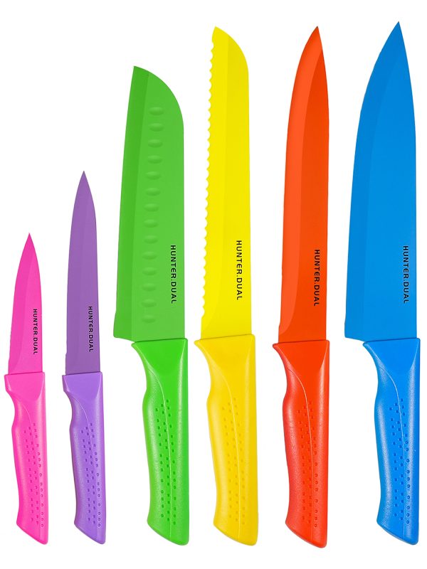 01 HUNTER.DUAL Knife Set, 12-PC Colorful Kitchen Knife Set, 6 Sharp Kitchen Knives with Built-in Sharpener Covers for Cooking, Cutting&Chopping (Multicolor)