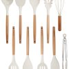 01 Silicone Cooking Utensils Set 10 Pcs - BPA Free Kitchen Utensil Set with Heat-Resistant Wood Handles, Non-Scratch Spatula Set Safe for Nonstick Cookware (White)