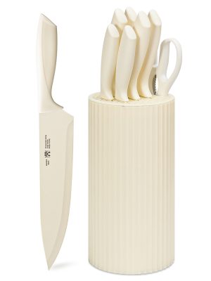 Knife Set, 8-Piece Kitchen Knife Set for Chef, Sharp Knife Set with Universal Knife Block, Anti-Rust Kitchen Knife Block Set, Ergonomical Design (White)