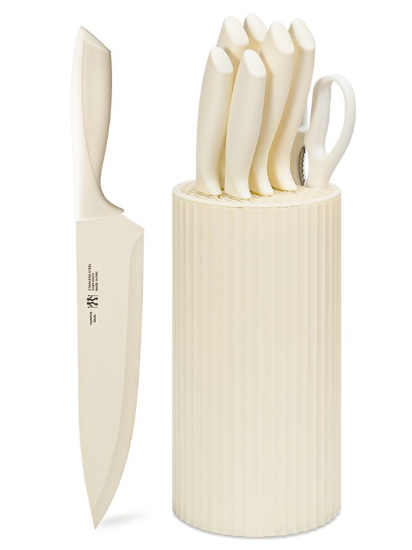 01 Knife Set, 8-Piece Kitchen Knife Set for Chef, Sharp Knife Set with Universal Knife Block, Anti-Rust Kitchen Knife Block Set, Ergonomical Design (White)