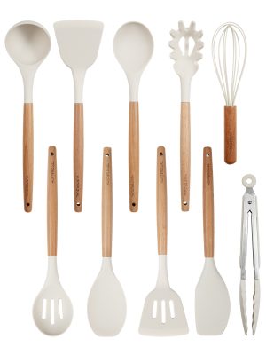 Silicone Cooking Utensils Set 10 Pcs - BPA Free Kitchen Utensil Set with Heat-Resistant Wood Handles, Non-Scratch Spatula Set Safe for Nonstick Cookware (White)