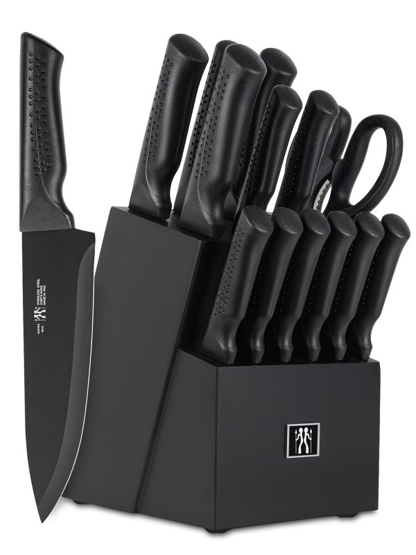 Knife Set, 15 Pcs Kitchen Knife Set with Block Self Sharpening, Dishwasher Safe, 6 Steak Knives, Anti-slip handle, Black