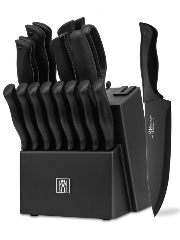 01 Knife Sets for Kitchen with Block, HUNTER.DUAL 19 Pcs Kitchen Knife Set with Block Self Sharpening, Dishwasher Safe, Anti-slip Handle, Black