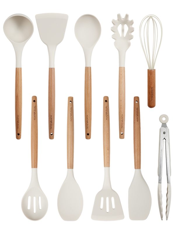01 Silicone Cooking Utensils Set 10 Pcs - BPA Free Kitchen Utensil Set with Heat-Resistant Wood Handles, Non-Scratch Spatula Set Safe for Nonstick Cookware (White)