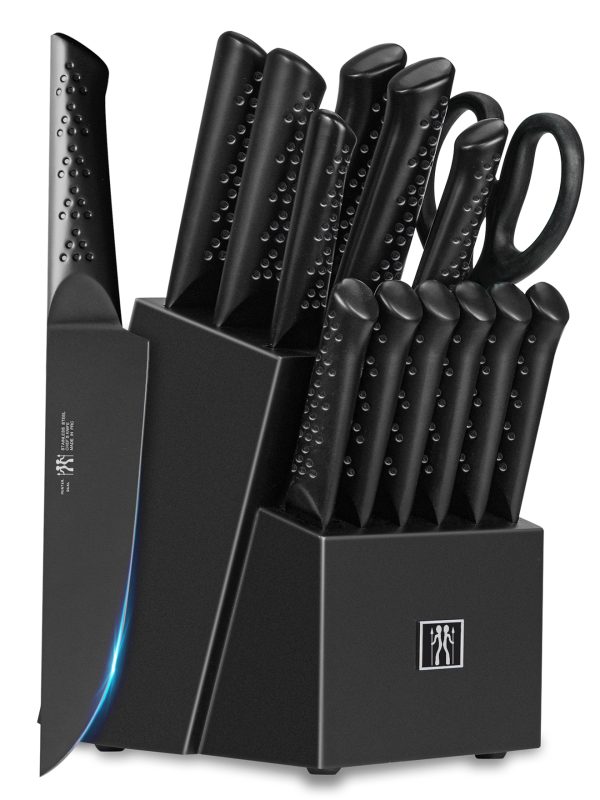01 Knife Sets for Kitchen with Block, HUNTER.DUAL 15 Piece Knife Set with Built-in Sharpener, Dishwasher Safe, German Stainless Steel, Black