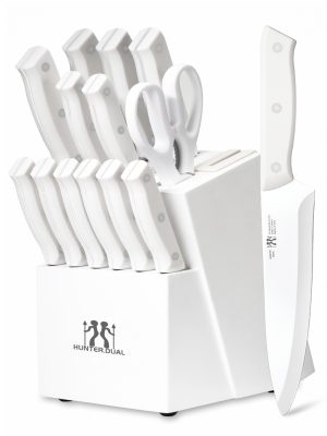 Knife Set, HUNTER.DUAL 15 Piece Kitchen Knife Set with Block and Built-in sharpener, Dishwasher Safe, Anti-slip Handle, White