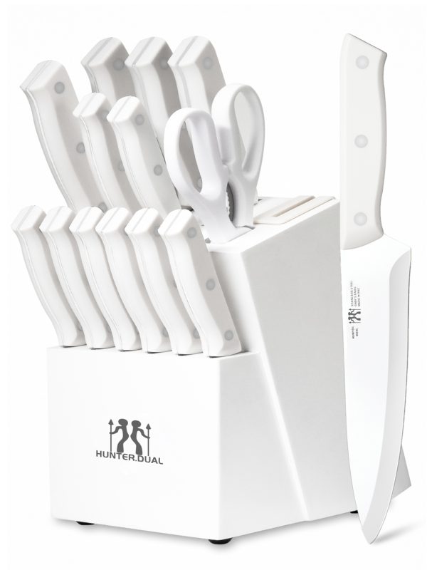 01 Knife Set, HUNTER.DUAL 15 Piece Kitchen Knife Set with Block and Built-in sharpener, Dishwasher Safe, Anti-slip Handle, White