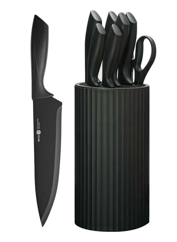 01.1 Knife Set, 8-Piece Kitchen Knife Set for Chef, Sharp Knife Set with Universal Knife Block, Anti-Rust Kitchen Knife Block Set, Ergonomical Design (Black)