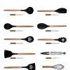 02 Silicone Cooking Utensils Set 10 Pcs - BPA Free Kitchen Utensil Set with Heat-Resistant Wood Handles, Non-Scratch Spatula Set Safe for Nonstick Cookware (Black)