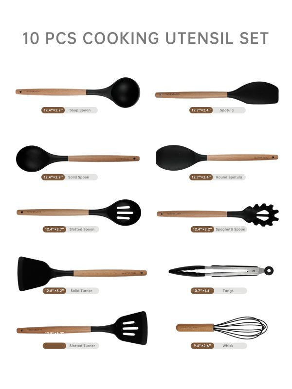 02 Silicone Cooking Utensils Set 10 Pcs - BPA Free Kitchen Utensil Set with Heat-Resistant Wood Handles, Non-Scratch Spatula Set Safe for Nonstick Cookware (Black)