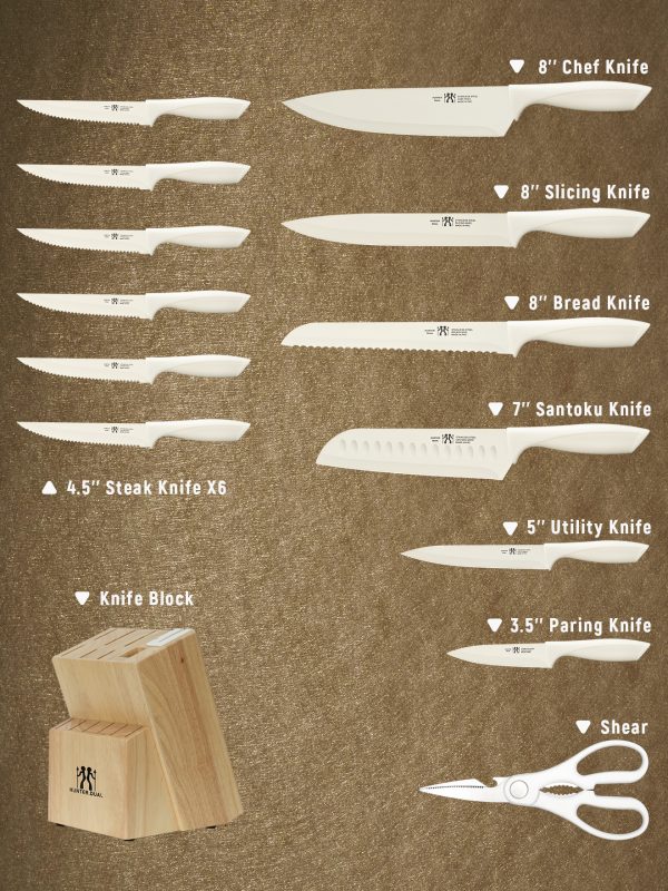 02 Knife Set, HUNTER.DUAL 15 Pcs Kitchen Knife Set with Block Self Sharpening, Dishwasher Safe, Anti-slip Handle (Beige)