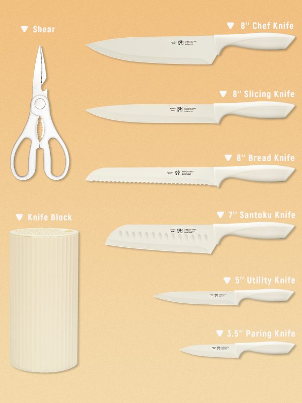 02 Knife Set, 8-Piece Kitchen Knife Set for Chef, Sharp Knife Set with Universal Knife Block, Anti-Rust Kitchen Knife Block Set, Ergonomical Design (White)
