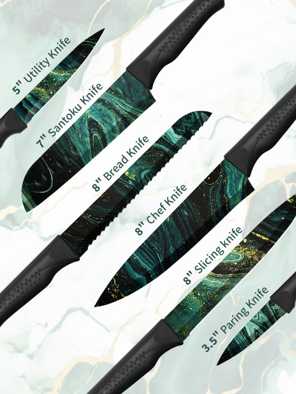 02 HUNTER.DUAL Knife Set, 12-PC Colorful Kitchen Knife Set, 6 Sharp Kitchen Knives with Covers for Cooking, Cutting&Chopping, Greenstone