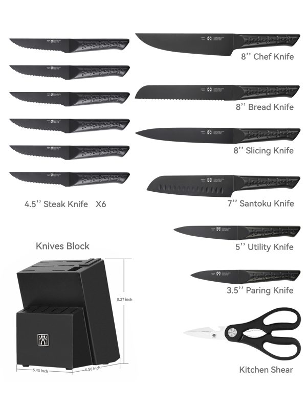 02 Knife Sets for Kitchen with Block, HUNTER.DUAL 15 Piece Knife Set with Built-in Sharpener, Dishwasher Safe, German Stainless Steel, Black