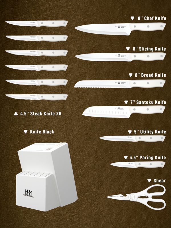 02 Knife Set, HUNTER.DUAL 15 Piece Kitchen Knife Set with Block and Built-in sharpener, Dishwasher Safe, Anti-slip Handle, White