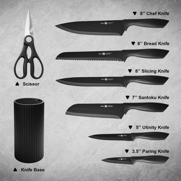 02.1 Knife Set, 8-Piece Kitchen Knife Set for Chef, Sharp Knife Set with Universal Knife Block, Anti-Rust Kitchen Knife Block Set, Ergonomical Design (Black)