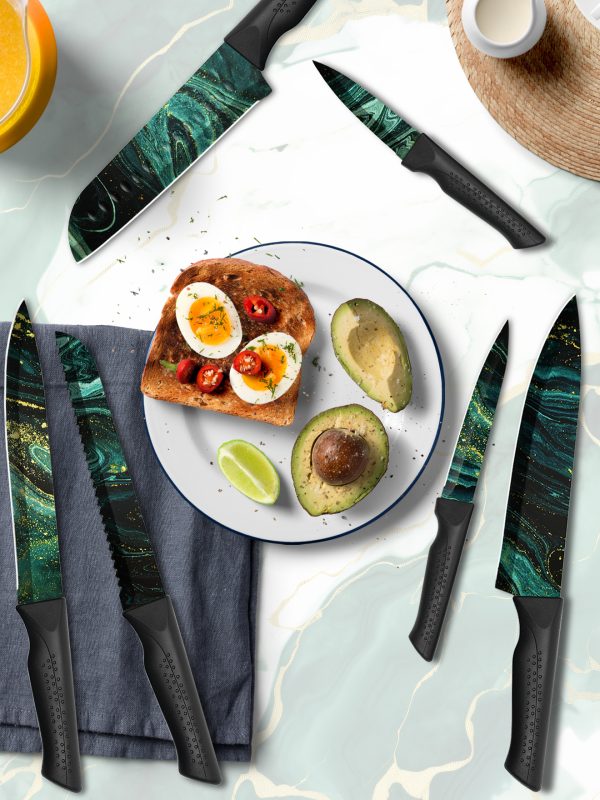 03 HUNTER.DUAL Knife Set, 12-PC Colorful Kitchen Knife Set, 6 Sharp Kitchen Knives with Covers for Cooking, Cutting&Chopping, Greenstone