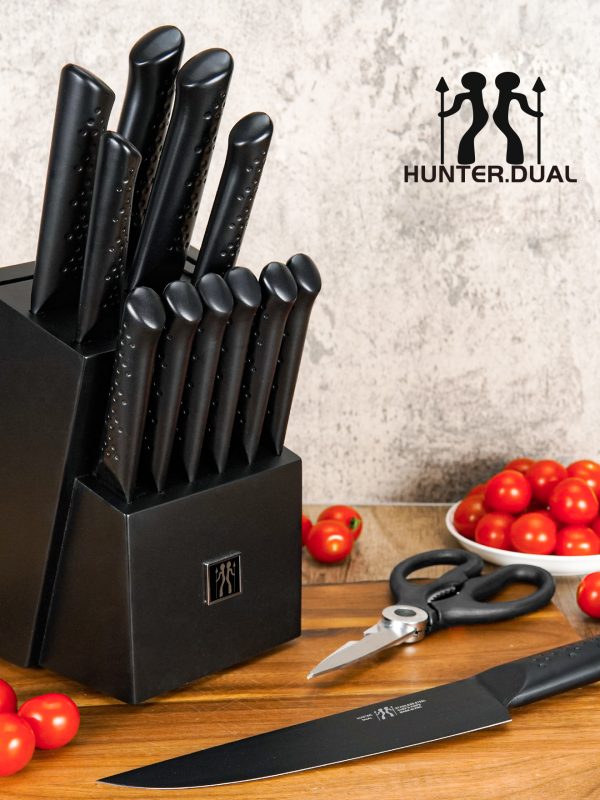 03 Knife Sets for Kitchen with Block, HUNTER.DUAL 15 Piece Knife Set with Built-in Sharpener, Dishwasher Safe, German Stainless Steel, Black