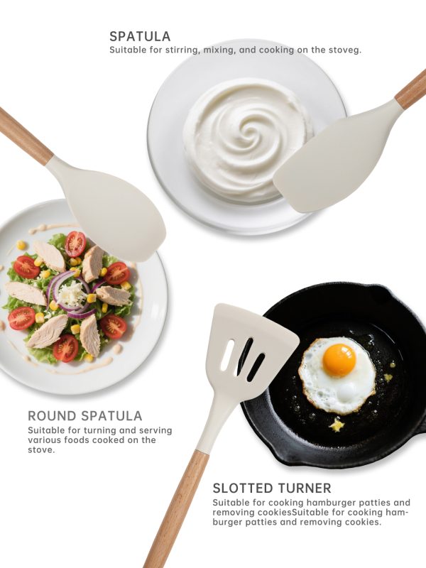 04 Silicone Cooking Utensils Set 10 Pcs - BPA Free Kitchen Utensil Set with Heat-Resistant Wood Handles, Non-Scratch Spatula Set Safe for Nonstick Cookware (White)