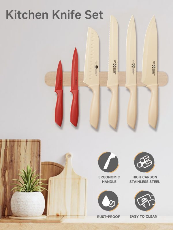 04 Knife Set, 12-PC Colorful Kitchen Knife Set, 6 Sharp Kitchen Knives with Covers for Cooking, Cutting&Chopping (Beige)