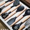 06 Silicone Cooking Utensils Set 10 Pcs - BPA Free Kitchen Utensil Set with Heat-Resistant Wood Handles, Non-Scratch Spatula Set Safe for Nonstick Cookware (Black)