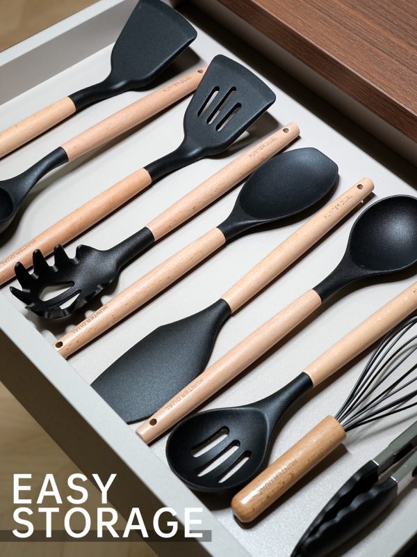 06 Silicone Cooking Utensils Set 10 Pcs - BPA Free Kitchen Utensil Set with Heat-Resistant Wood Handles, Non-Scratch Spatula Set Safe for Nonstick Cookware (Black)