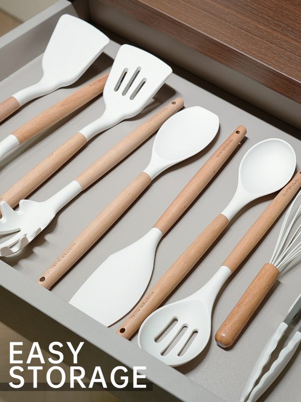 06 Silicone Cooking Utensils Set 10 Pcs - BPA Free Kitchen Utensil Set with Heat-Resistant Wood Handles, Non-Scratch Spatula Set Safe for Nonstick Cookware (White)
