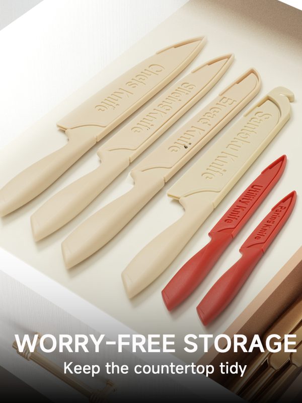 06 Knife Set, 12-PC Colorful Kitchen Knife Set, 6 Sharp Kitchen Knives with Covers for Cooking, Cutting&Chopping (Beige)
