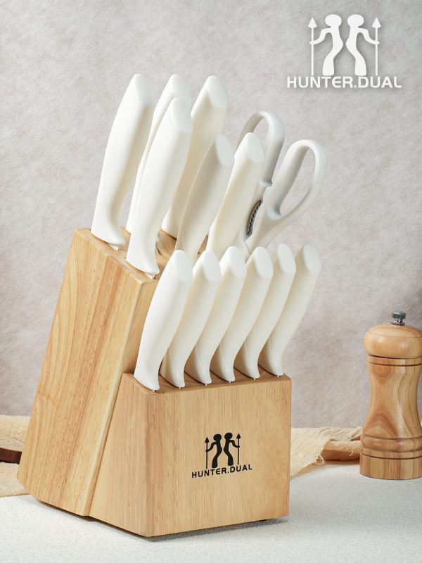 07 Knife Set, HUNTER.DUAL 15 Pcs Kitchen Knife Set with Block Self Sharpening, Dishwasher Safe, Anti-slip Handle (Beige)