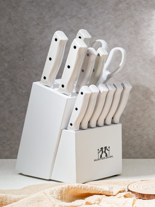 07 Knife Set, HUNTER.DUAL 15 Piece Kitchen Knife Set with Block and Built-in sharpener, Dishwasher Safe, Anti-slip Handle, White