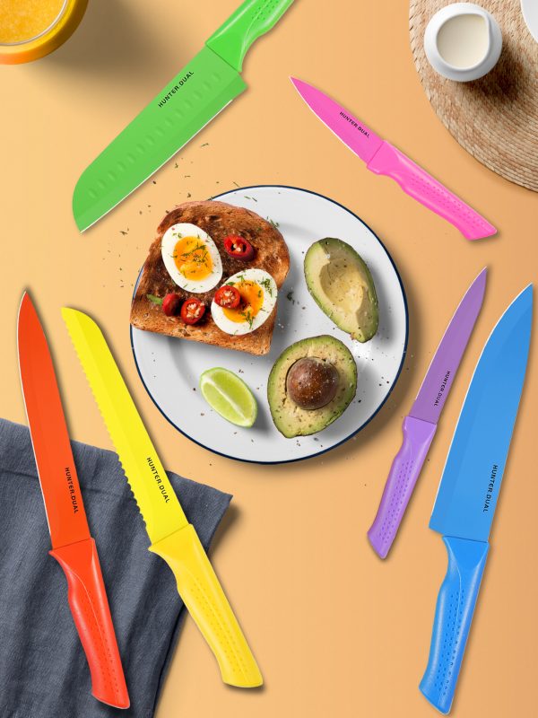 GD-12-M 副图1 HUNTER.DUAL Knife Set, 12-PC Colorful Kitchen Knife Set, 6 Sharp Kitchen Knives with Built-in Sharpener Covers for Cooking, Cutting&Chopping (Multicolor)