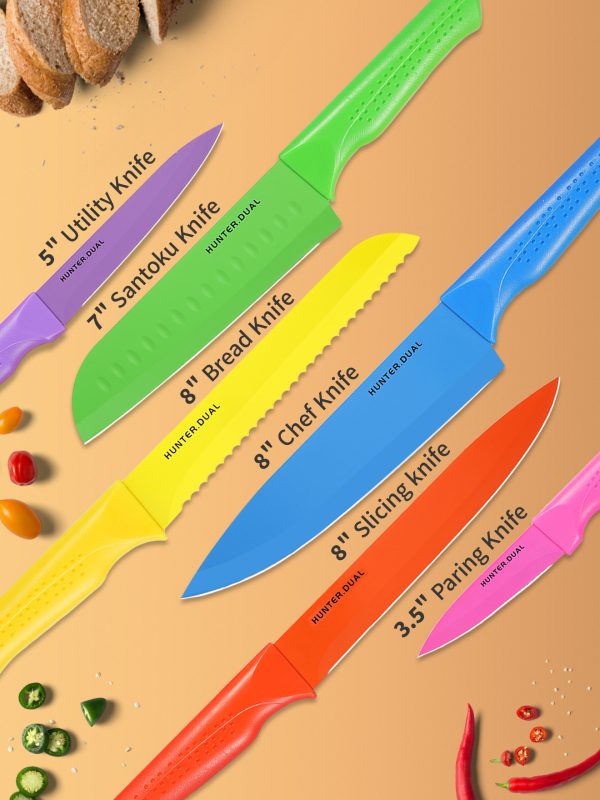 GD-12-M 副图3 HUNTER.DUAL Knife Set, 12-PC Colorful Kitchen Knife Set, 6 Sharp Kitchen Knives with Built-in Sharpener Covers for Cooking, Cutting&Chopping (Multicolor)