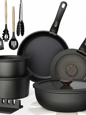 20-Piece Nonstick  Pots and Pans Cookware Set with Detachable Handles, Dishwasher Safe, Stackable Space-Saving Design for Kitchen & RV, Black