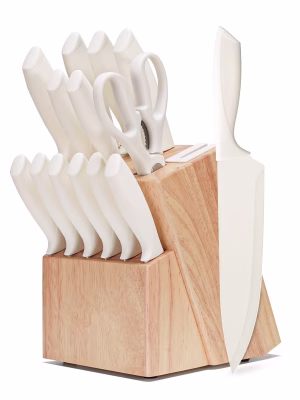 14-Piece Knife Block Set with Built-in Sharpener | Non-Stick Coated High Carbon Stainless Steel Kitchen Knives | Dishwasher Safe, Beige