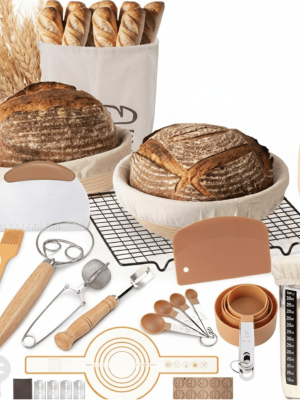 Sourdough Starter Kit with Round & Oval Banneton Proofing Baskets, Bread Baking Supplies Set including Sourdough Jar, Bread Sling, Dough Whisk, and Scrapers