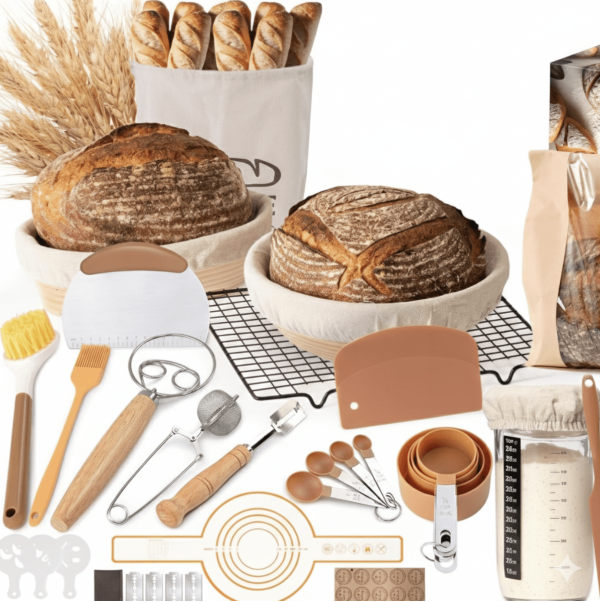 Sourdough Starter Kit with Round & Oval Banneton Proofing Baskets, Bread Baking Supplies Set including Sourdough Jar, Bread Sling, Dough Whisk, and Scrapers