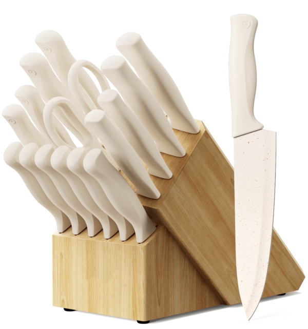 NULAS 17-Piece Kitchen Knife Set with Block & Sharpener, Dishwasher Safe High Carbon Stainless Steel, Non-Stick Anti-Rust Coating, Beige